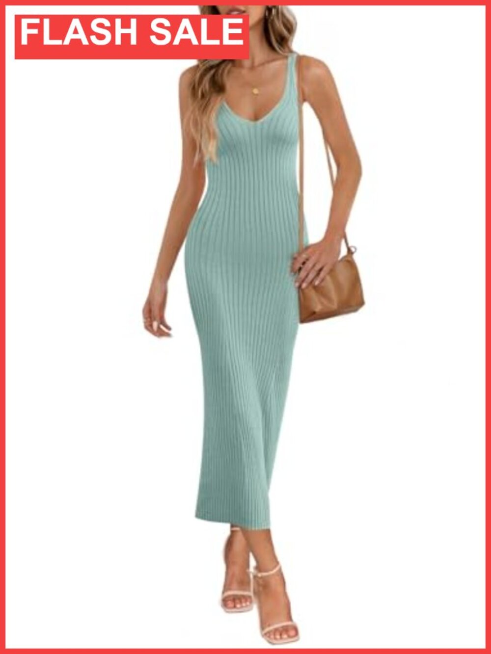 Sleeveless Rib Knit Bodycon Midi Dress Deep V Neck Slim Fit Casual